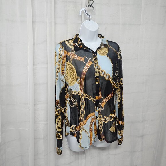 Black Gold Mesh Sheer Button Blouse Equestrian Club Party XL NWT - Picture 4 of 12